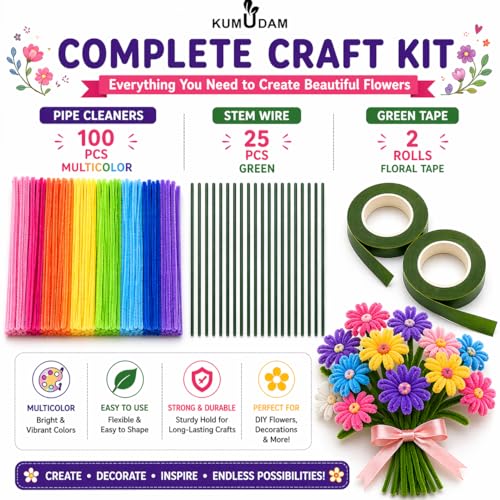 Image of Pipe Cleaners for Craft Flower Making Set, Fuzzy Chenille Stems and Fluffy Sticks with Floral Tape and Wire, for Kids Arts and Crafts (pipe cleaners-100 /stem wire-25 /green tape-2)
