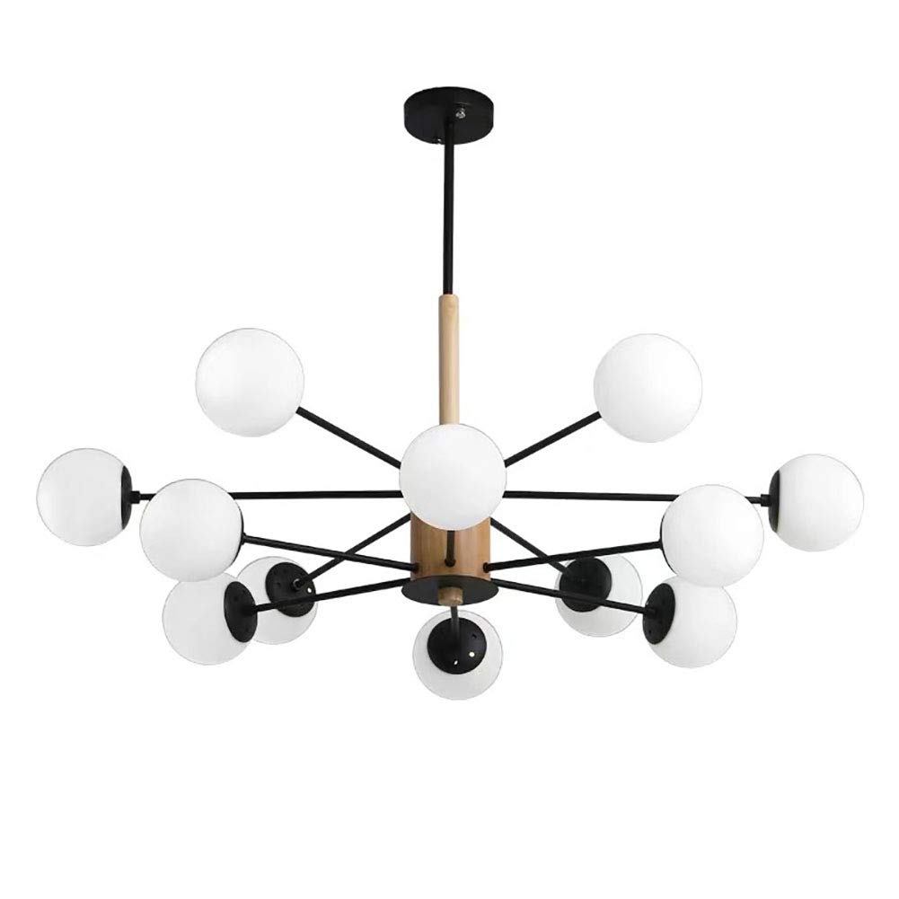 Sputnik Chandeliers Modern Glass Shades Chandelier Mid Century Pendant Lighting Ceiling Light Adjustable Rods for Hallway Bar Kitchen Dining Room Black and Wood 12 Lights