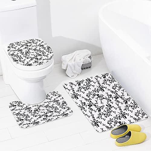 3 teiliges Badematten Set rutschfest U-FöRmige Duschvorleger,Blumen, viktorianischer Stil, gebogene Blume, Barock…