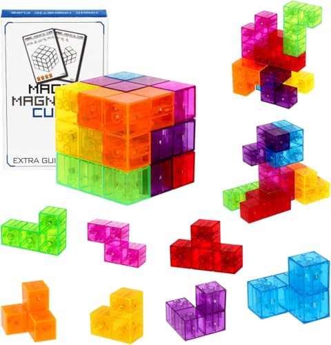 マグネットつみきキューブ 7パーツセット 磁石積み木キューブ マグネットブロック 永久に遊べるパズル カラフル 空間想像力創造力を育む 108問題 賢人パズル 知育玩具 クリアカラー