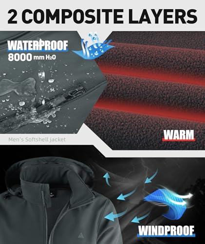 SwissWell Chaqueta Hombre Softshell de Senderismo Hombre Exteriores Multifuncional Cortaviento Impermeables Invierno Chaquetas Cálida con Capucha con Bolsillos para Marcha Acampada Gris 3XL - imagen 2