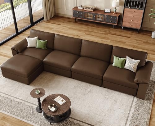 Image of EASE MOOSE Oversized Modular Sectional Sofa,Leather Sectional Couch with Deep Seat,Extra Large L Shaped Couch,Classic Comfy Scratch Resistant Faux Leather Material Sofa for Living Room,Deep Brown