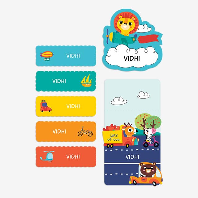Zooboo Name Stickers Personalized with Kids Name, Waterproof Labels for School Kids, Used On Water Bottles, Snack Boxes, Etc. Best Birthday Return Gift for Kids (Lets Travel, Pack of 40 Labels)