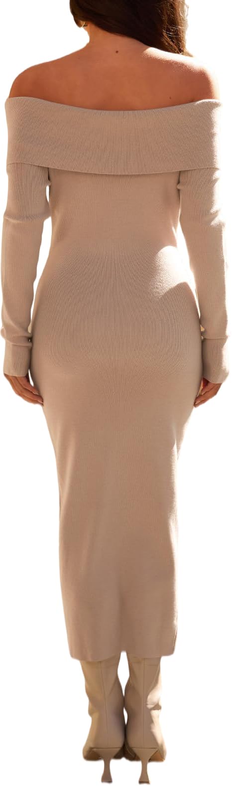 ELFIN Robe en Tricot élégante pour Femme Robes de Cocktail de soirée Épaules dénudées Manches Longues de Mariage Moulante