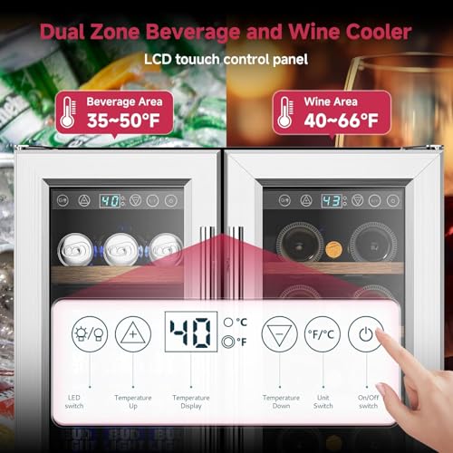 Image of Icyglee 24 inch Wine and Beverage Refrigerator, Dual Zone Wine Cooler with Glass Door, Hold 88 Cans & 21 Bottles, Built in or Freestanding Under Counter Wine Fridge with Blue LED Light.