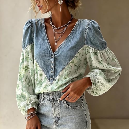 Floral Tops for Women Denim Patchwork Button Puff Long Sleeve V Neck Tops - image 3