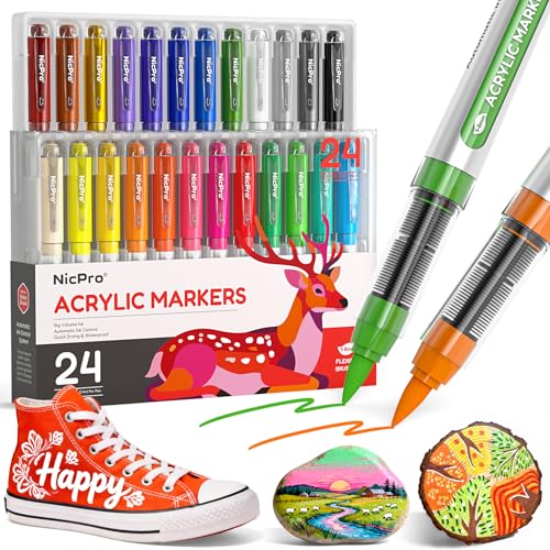 Nicpro 24 colores rotuladores acrilicos punta pincel, base agua, resistentes al agua y con control automático de tinta, ideales para manualidades y trabajos manuales, piedra, madera, vidrio y tela