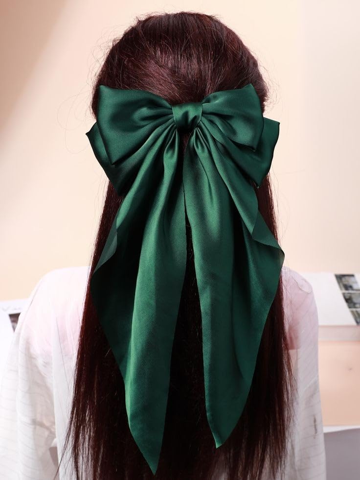 Trend By KimaayraLuxury Satin Long Tail Hair Bow Alligator clip for Women and Girls, Gift for her, Gift for women, 1 Tail Hair Bow, Free Size (Bottle Green)