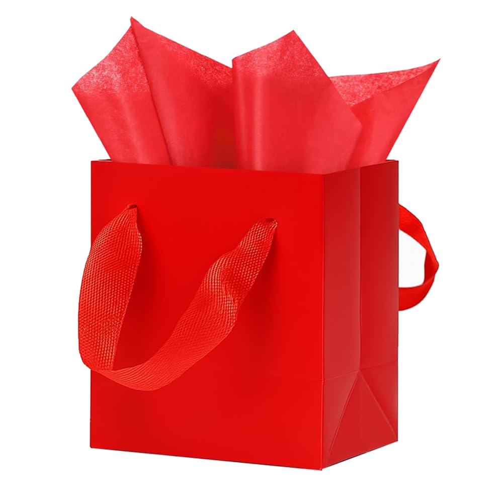 Aosric Red Gift Bags with Tissue Paper, 6 Pack 4x2.8x4.5 Square Reusable Goodie Bag for Christmas Gifts, Halloween Treats, Wedding, Baby Shower, Birthday Party Favor, Return Gifts