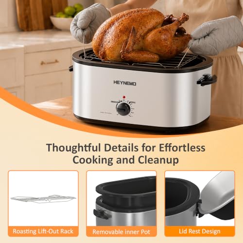 Image of 30 Quart Large Turkey Roaster with Defrost & Warm Functions, Electric Roaster Oven with Visible Self-Basting Lid, Adjustable Temperature Control, Removable Pan & Rack, Stainless Steel, Silver