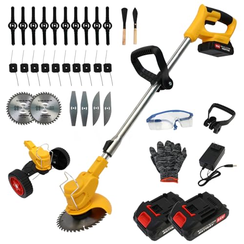 24V Electric Weed Wacker Cordless Grass Trimmer with 2x2000mAh Batteries & Fast Charger, 3 in 1 Stringless Lightweight Brush Cutter/Edger/Mower with 5 Types Blade & Wheels for Garden and Yard Lawn