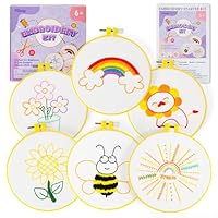 Pllieay 6PCS Embroidery Kit for Beginners, Needlepoint Kits for Beginners with Patterns, 6.5\" Embroidery Hoop, Threads, Needles, Instructions, Kids Cross Stitch Kits Supplies for Girls Boys Ages 6+