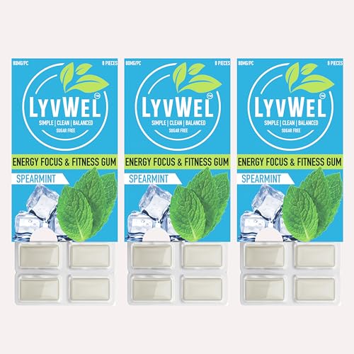 Image of LyvWel Energy Gum | 80mg Caffeine + 50mg Taurine per gem | All Natural | Sugar-Free Pre-Workout Boost: Your Essential Energy Supplement to Stay Awake (Spearmint, 3 Pack)