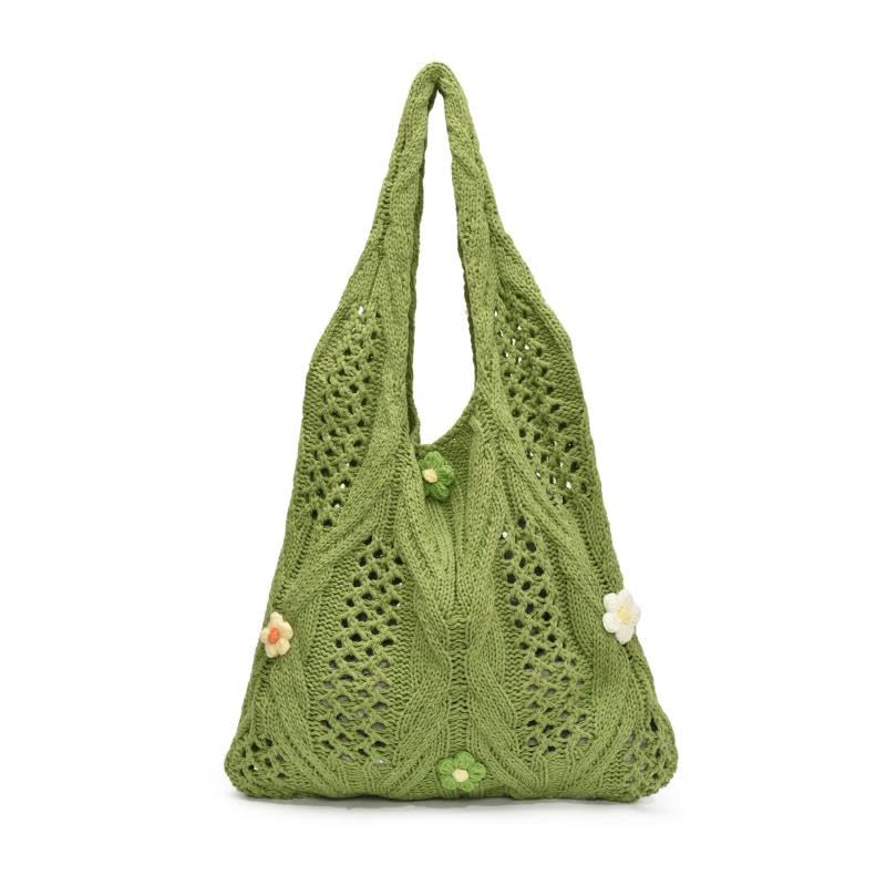 Women Wool Knitting Shoulder Bag with Flower Knitted Tote Handbag Large Capacity Aesthetic Tote Handbag