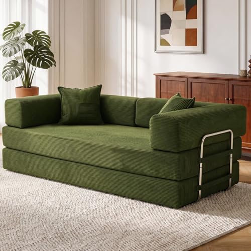Vipbear 200cm Sofá Cama, Modular Desmontable Plegable 5 en 1,Confeccionado en Pana, Sofá Cama 3 Plazas Ideal para Espacios Reducidos, Verde