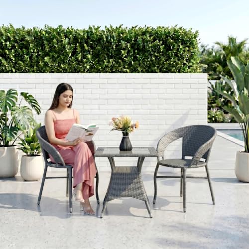 Image of BRISHI 3-Piece Outdoor Rattan Wicker Patio Square Coffee Table Set | Garden Furniture for Balcony, Terrace, Poolside & Porch | Waterproof Bistro Sets for Home & Backyard (Grey)