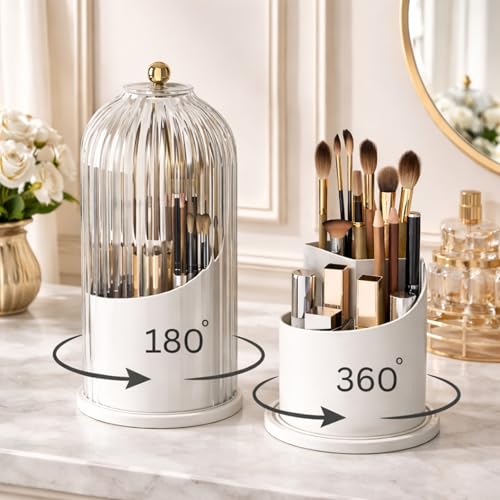 Image of KiZY Luxury 360 Rotating Makeup Brush Holder Organizer | Countertop Organizer Skincare Storage for Vanity, Desktop, Bathroom, Cosmetics | Lipstic, Eyeliners, Perfume Storage. (TRANSPARENT DOM)