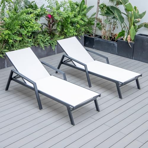 LeisureMod MLABL-77W2 19.7 x 29 x 78.2 in. Marlin Patio Chaise Lounge Chair with Armrests in Black Aluminum Frame White - Set of 2
