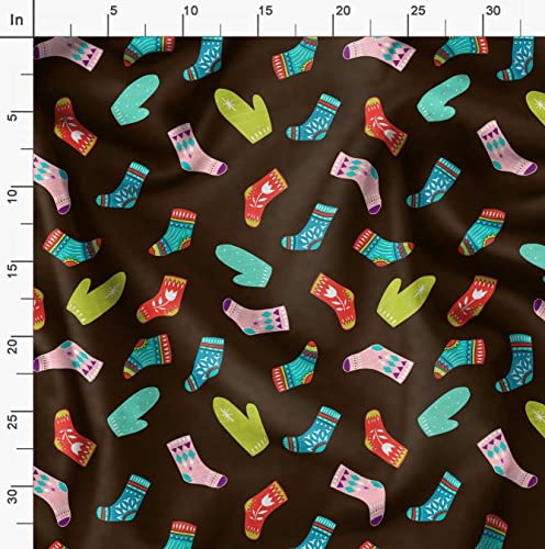 Image of Soimoi Brown Polyester Crepe Fabric Socks & Gloves Folk Art Printed Fabric 1 Meter 42 Inch Wide