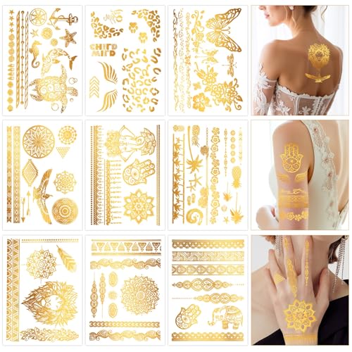 Konsait 9 Sheets Metallic Gold Temporary Tattoos for Women &