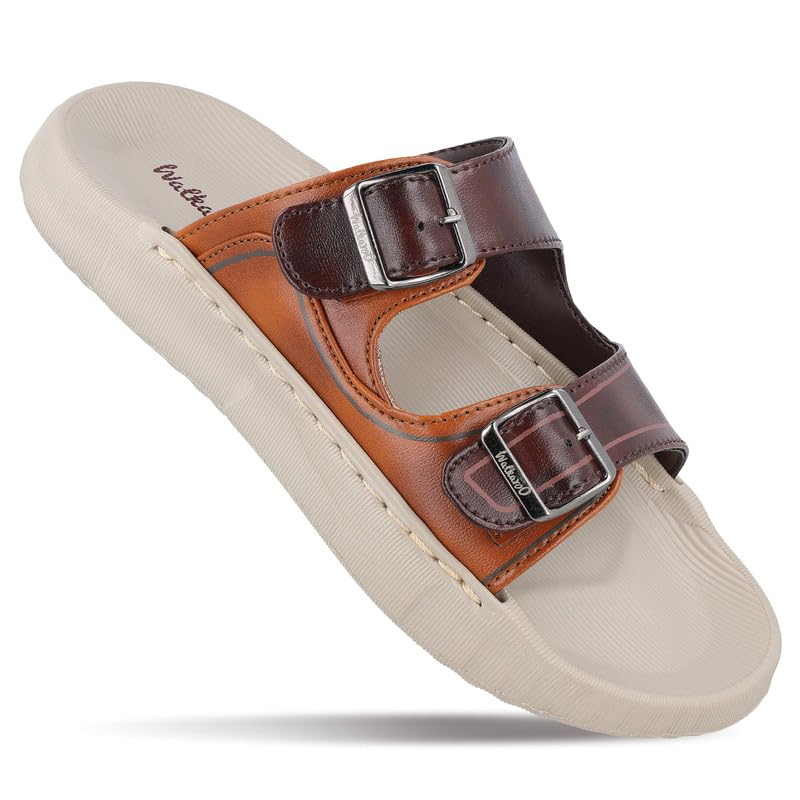 Image of WALKAROO Men's Slide Sandals with Soft Sole, Broad Straps with Buckles and Lightweight - WC8764