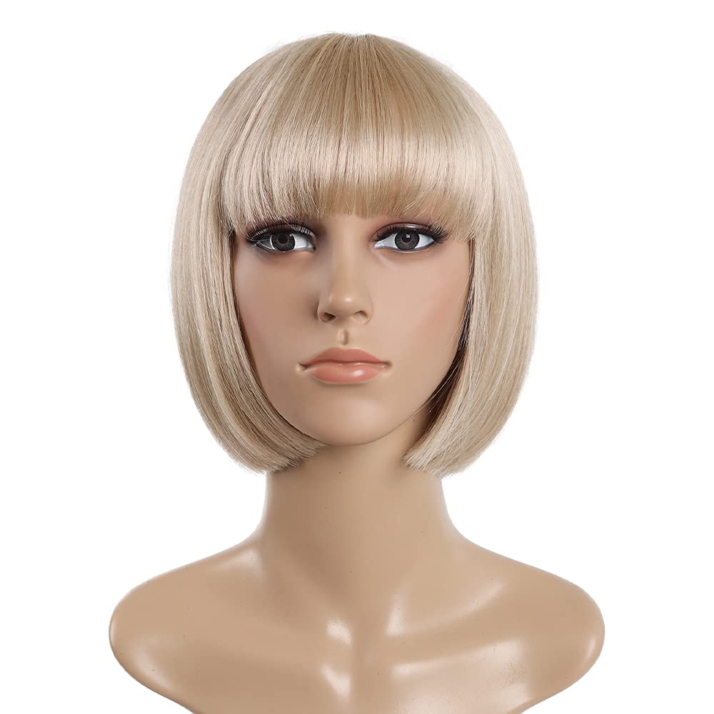 SYXLCYGG Bob Wig Short Blonde Wigs Flame Retardant 10" Straight Womens Synthetic Hair Wig With Bangs Girl Cosplay Party White Women Daily(Free Wig Cap