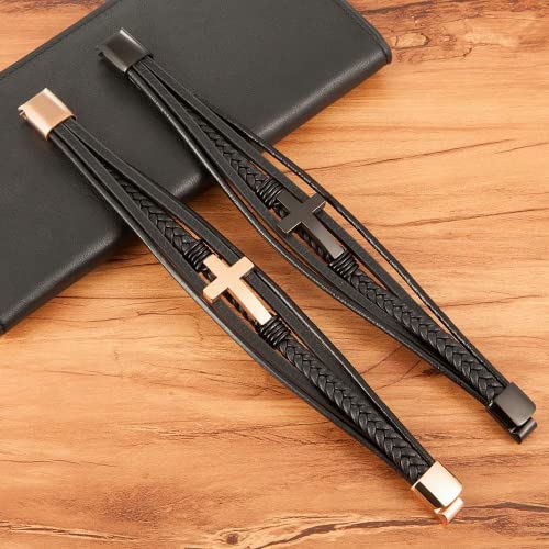 Multi-Layer Braided Leather Bracelets With Magnetic Clasp Mens Cuff Bracelets For Men Genuine Leather Bracelet Religious Leather Bracelets Decorate Gift (Black, 8.3 Inches) #TOP2