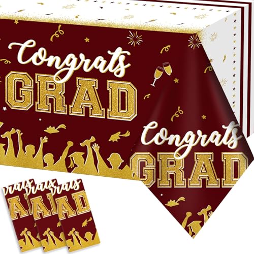 Image of chiazllta Set of 3 Graduation Tablecloths Class of 2026 Congrats Grad Maroon Graduation Party Tablecover Decorations Party Supplies Large Size Plastic 54 inchx108 inch(Maroon & Gold)