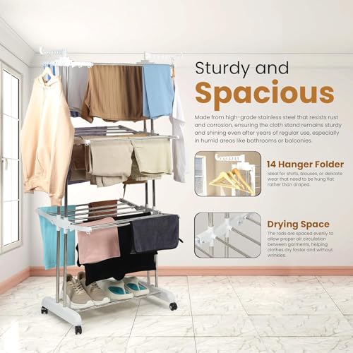 Image of H Houseware Foldable Stainless Steel Cloth Drying Stand 3 Tier Heavy-Duty Clothes Dryer with Wheels & Hanger Slots | Rust-Proof Laundry Rack for Balcony, Indoor & Outdoor Use(White)