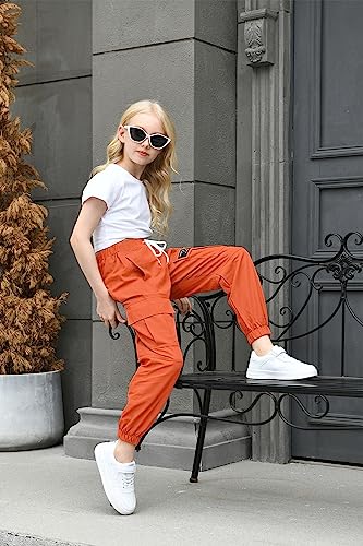 Image of AOWKULAE Girls Cargo Pants Drawstring Jogger Pants,Orange,13-14Y