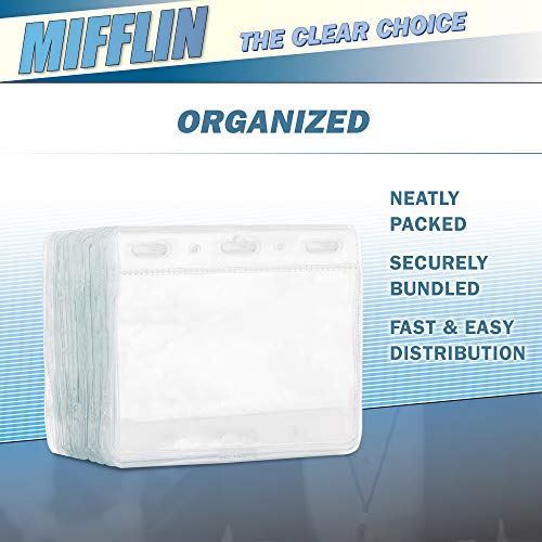 MIFFLIN Horizontal No Zip Plastic Card Holder with Metal Clip and Vinyl Straps (Clear, 3x4 Inch, 100 Pack), Quick Load PVC ID Name Badge with Clips