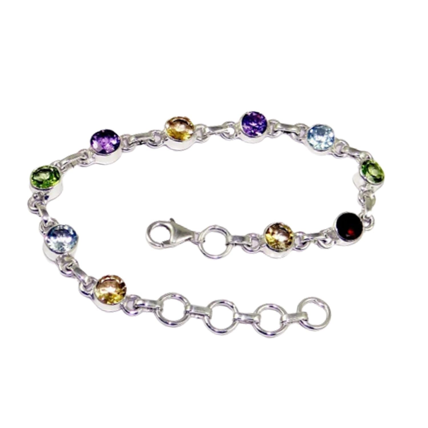 Pulsera de plata de ley 925 pura para mujeres y niñas, citrino natural, topacio azul, peridoto, amatista y granate Pulsera de piedras preciosas Pulsera única hecha a mano para ella o para él
