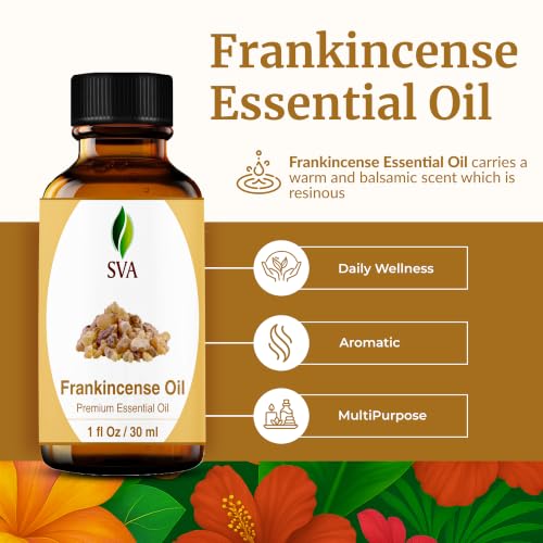 Image of SVA Frankincense Essential Oil, Glass Bottle with Dropper, 1 Fl Oz (30 ml) | Frankincense Oil for Diffuser, Humidifier, Skin, Body, Perfume, Home Fragrance, Incense, Bath, Soap, Candle & DIY Projects