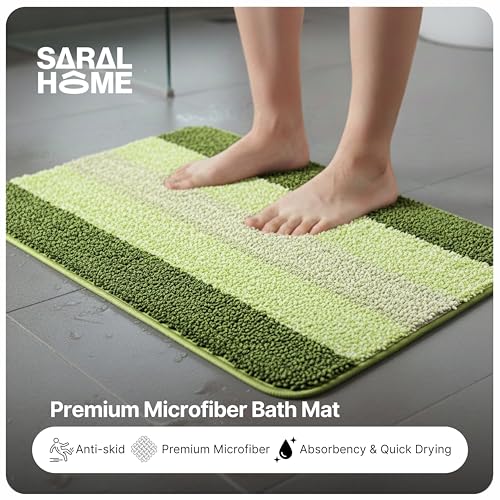 Image of Saral Home Microfiber Striped Rectangle Shaped Anti-Skid Bath Mats | Soft & Super Absorbent Mats for Shower | Washable, Non-Slip & Quick-Drying Mats, 50X70 CM | Pack of 2 (Green)