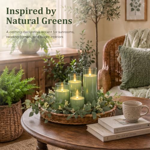 Image of Homemory Sage Green Flameless Candles, Acrylic LED Pillar Candles with Remote Timer, Set of 5