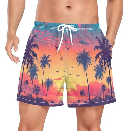 xigua Sunset with Palm Trees Mens Swim Trunks with Liner, 5 inch Quick Dry Mens Boardshorts for Beach