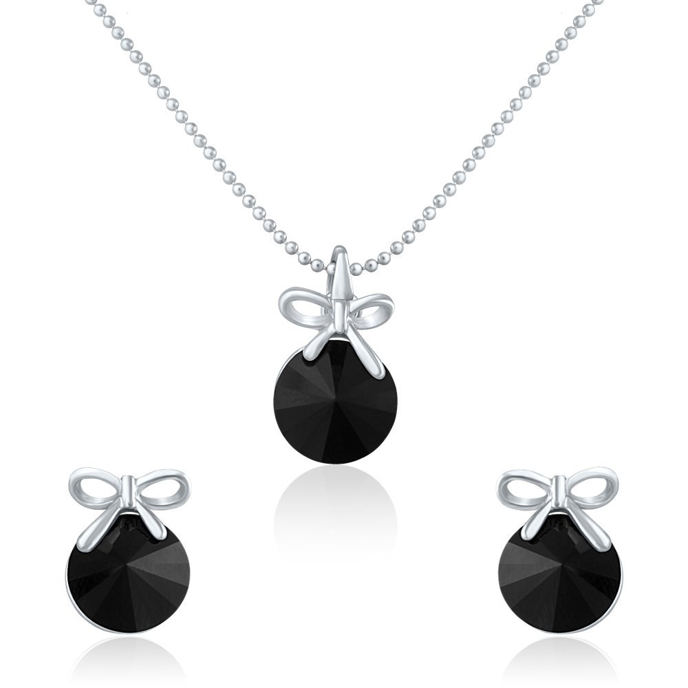 with Swarovski Crystals Black Bow Rhodium Plated Pendant Set for Women NL1104080RBla