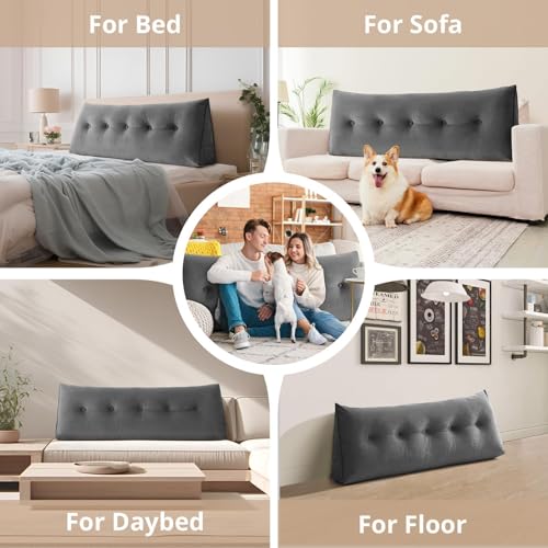Sasttie Wedge Pillow Headboard Queen, Triangle Headboard Pillow with Removable Cover, Large Back-Rest Reading Pillows for Sitting in Bed with Side Pockets, Grey