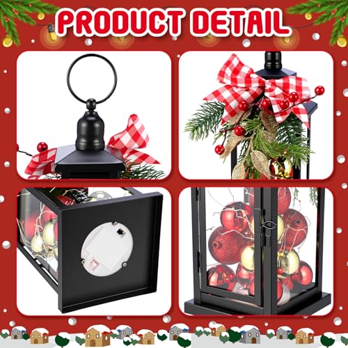 Honoson 2 Pcs Christmas Lanterns Decorative with LED String Lights Metal Hanging Xmas Vintage Lantern with Red Ribbon Berry for Indoor Outdoor Xmas Home Porch Party Decor(Bow) by Honoson - Image 3