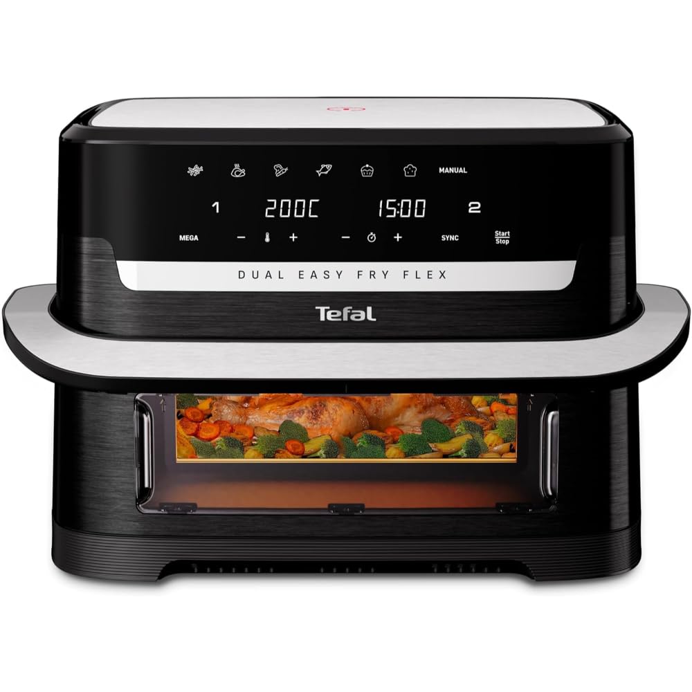 Tefal Dual Easy Fry Flex Heißluftfritteuse 9L – Airfryer mit 2 Kammern & GiantZone, FlexCook-Trennwand, 2700 W, 40–200 °C, 7 Programme, fettarm frittieren & 2 Gerichte gleichzeitig zubereiten EY9228