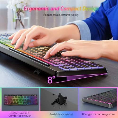 Wireless Keyboard and Mouse Combo With Backlit,2.4G Full Size Ergonomic Keyboard with Light Up Letters,Rechargeable and Slim RGB Mouse,Silent Click For Windows/MAC PC,Laptop,Chromebook,Surface,Macbook