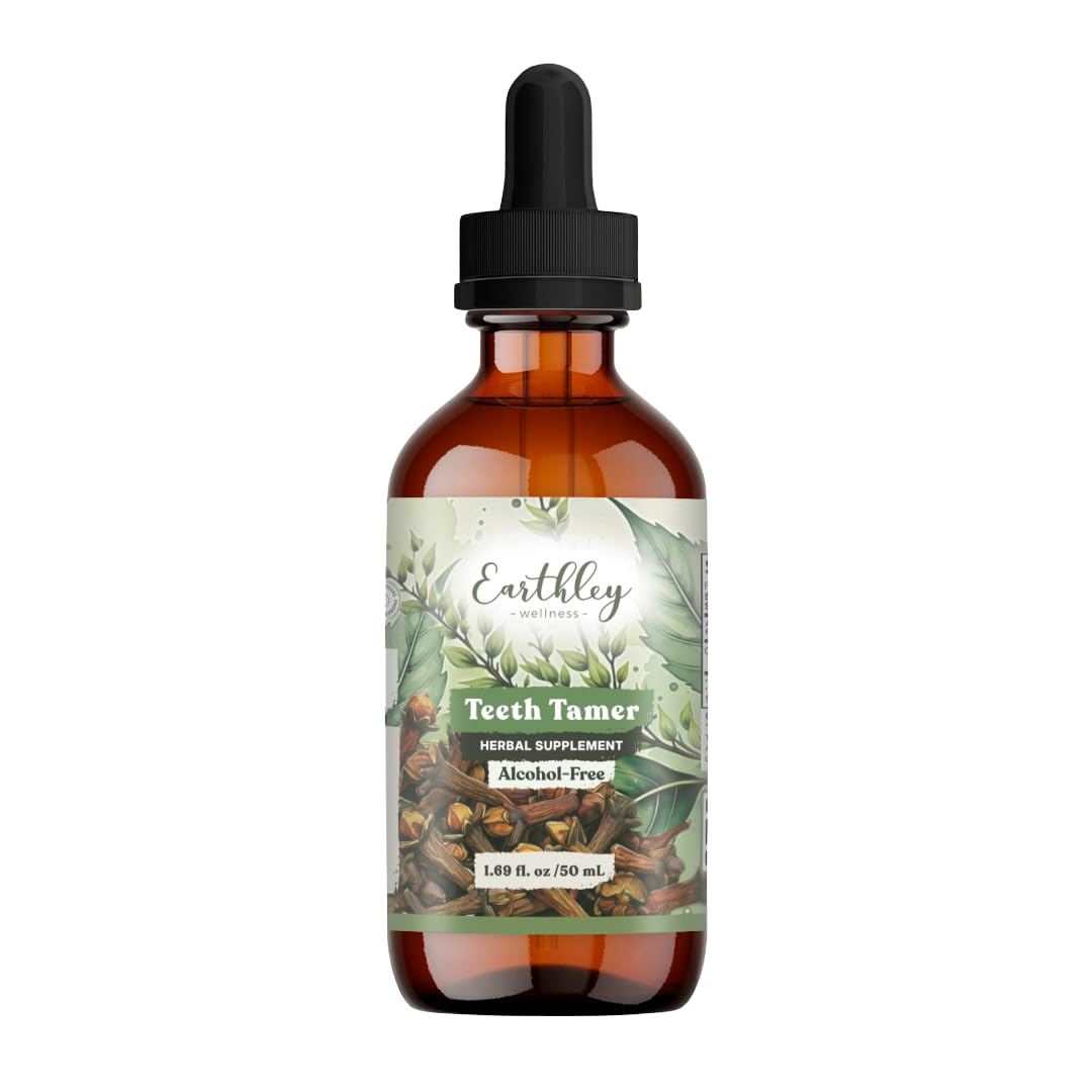 earthley wellness teeth tamer teething relief for babies amp kids soothes drooling gum discomfort amp irritability organic herbal formula sugar-free packaging may vary 169 oz 500 doses