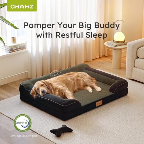 Image of CWAWZ Jumbo Dog Bed for Extra Large Dogs, Orthopedic Dog Bed with Cooling Gel Memory Foam, Waterproof Pet Bed with Removable Washable Cover, 45 inch Pet Sofa Couch Dutch Velvet with Bone Toy, Black