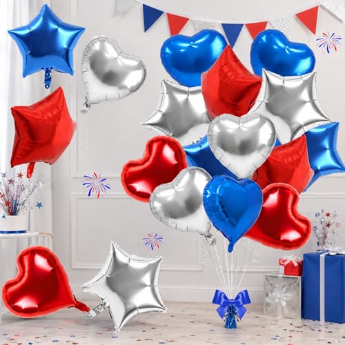 TONIFUL 18 Inch Blue Silver Red Star and Heart Foil Balloons, 18PCS Helium Mylar Birthday Balloons for U.S. Independence Day Gender Reveal Boys Girls Baby Shower Wedding Anniversary Party Decoration
