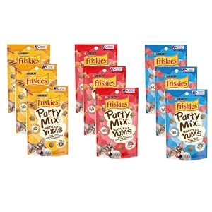 9 Pack Friskie Party Mix Natural YUMS with Real Variety Packs3 Tuna 3 Salmon3 Chicken Cat Treats 21 oz 60 gr