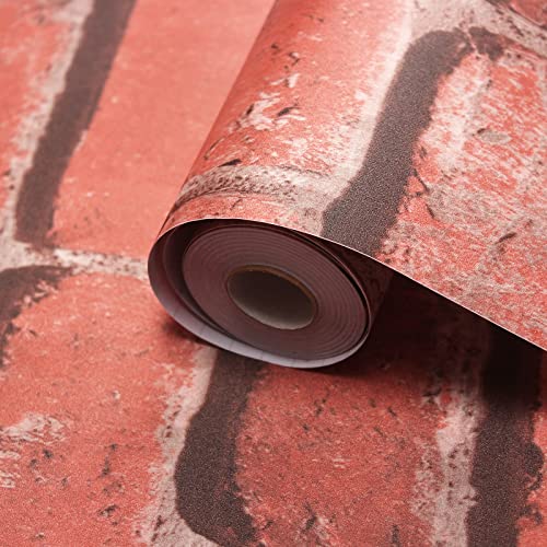 WAPANE Red Brick Peel and Stick Wallpaper 15.9in X 393.7in, Contact Paper Waterproof, Wall Paper Pull and Stick for Bedroom Living Room, Textured Self-Adhesive & Removable