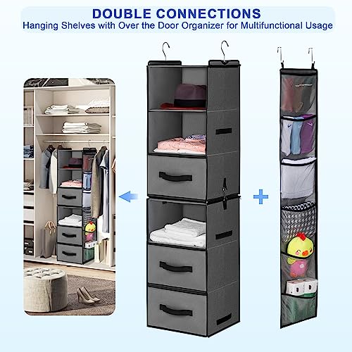 Elviros 6-Shelf Hanging Closet Organizer With 3 Drawers, 2 Separable 3-Shelf Hanging Shelves, Foldable Closet Organizers And Storage For Bedroom Wardrobe Nursery Clothes Rack(Grey) #TOP6
