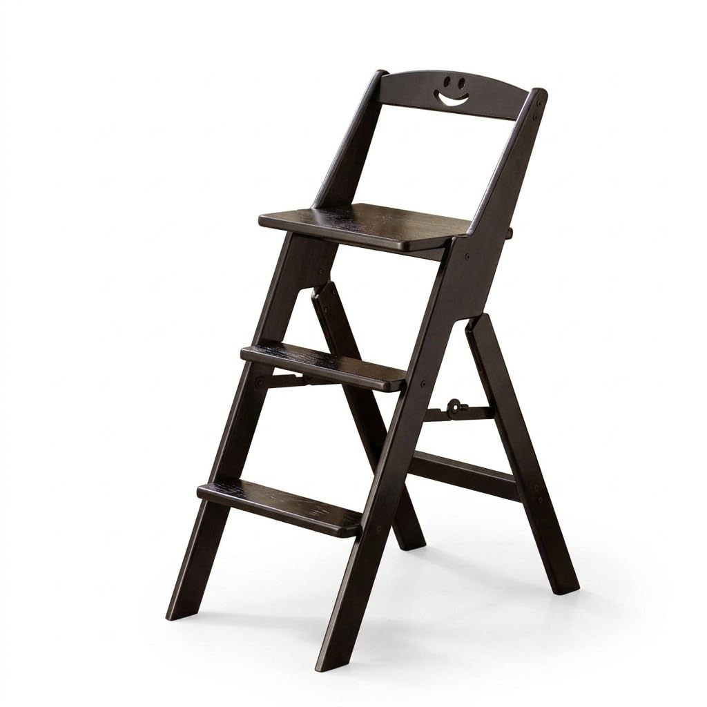 Vavvip Black Folding Step Ladder Chair Step Stool Walnut Brown Kitchen Stool Sturdy Space-Saving Kitchen Library Steps 3-Step Multipurpose Ladder For Home And Kitchen