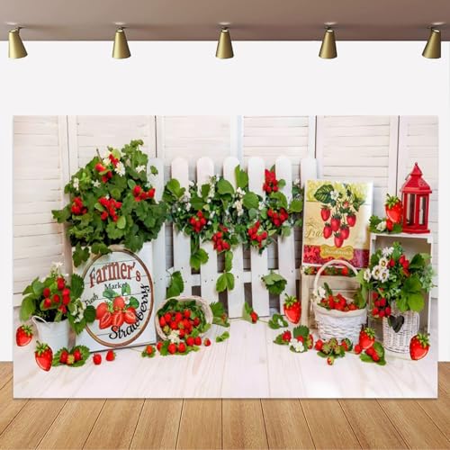 Yeele 7x5ft Strawberry Birthday Backdrop White Fence Farmhouse Strawberry Red Fruits Girl 1st Birthday Party Decoration Scene Setter Supplies Cake Table Banner Vinyl Photography Background