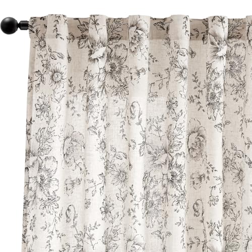 jinchan Floral Curtains for Living Room 84 Inch Length Farmhouse Printed Curtain Rod Pocket Back Tab Black Peony Flower Patterned Drapes Bedroom Window Curtains Set 2 Panels 25% Linen 75% Polyester - Image 9